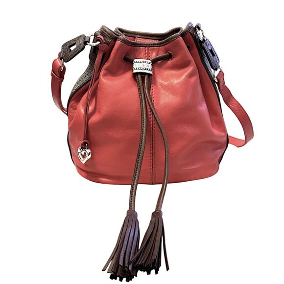 Brighton Handbags - Brighton Orange Red Leather Drawstring Bucket Bag Purse with Fringe